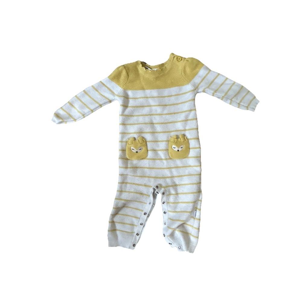 Gerber Baby Knit Jumper 18 Months Yellow White Striped Fox Pocket Romper One Pie